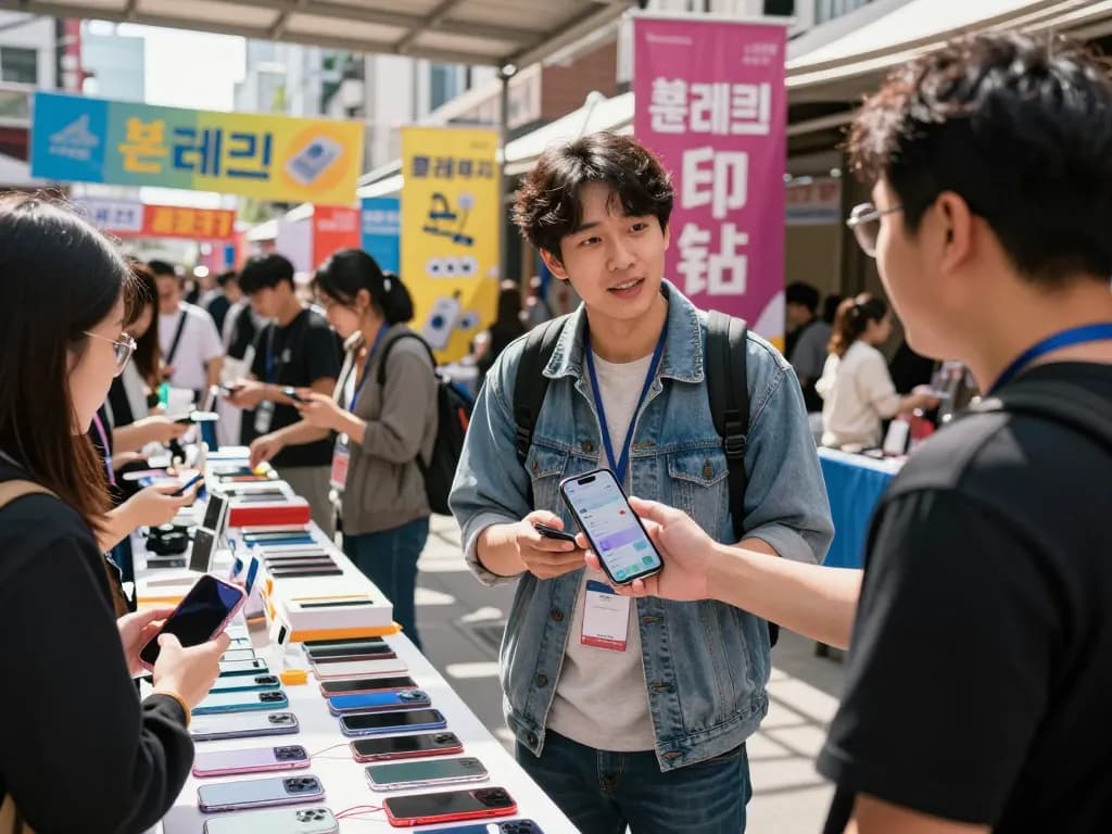 활기찬 시장 분위기에서 폰테크 거래를 보여주는 매력적인 도시 풍경.
