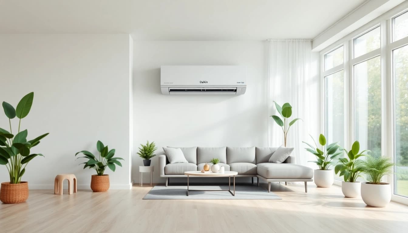 Discover the sleek Daikin mini split AC unit enhancing comfort in a modern living room setting.
