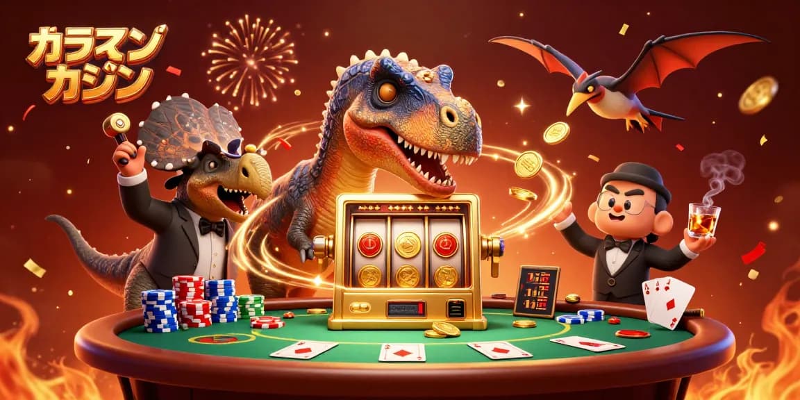オンラインカジノのゲームでジャックポットを狙う恐竜たちの楽しいシーン
