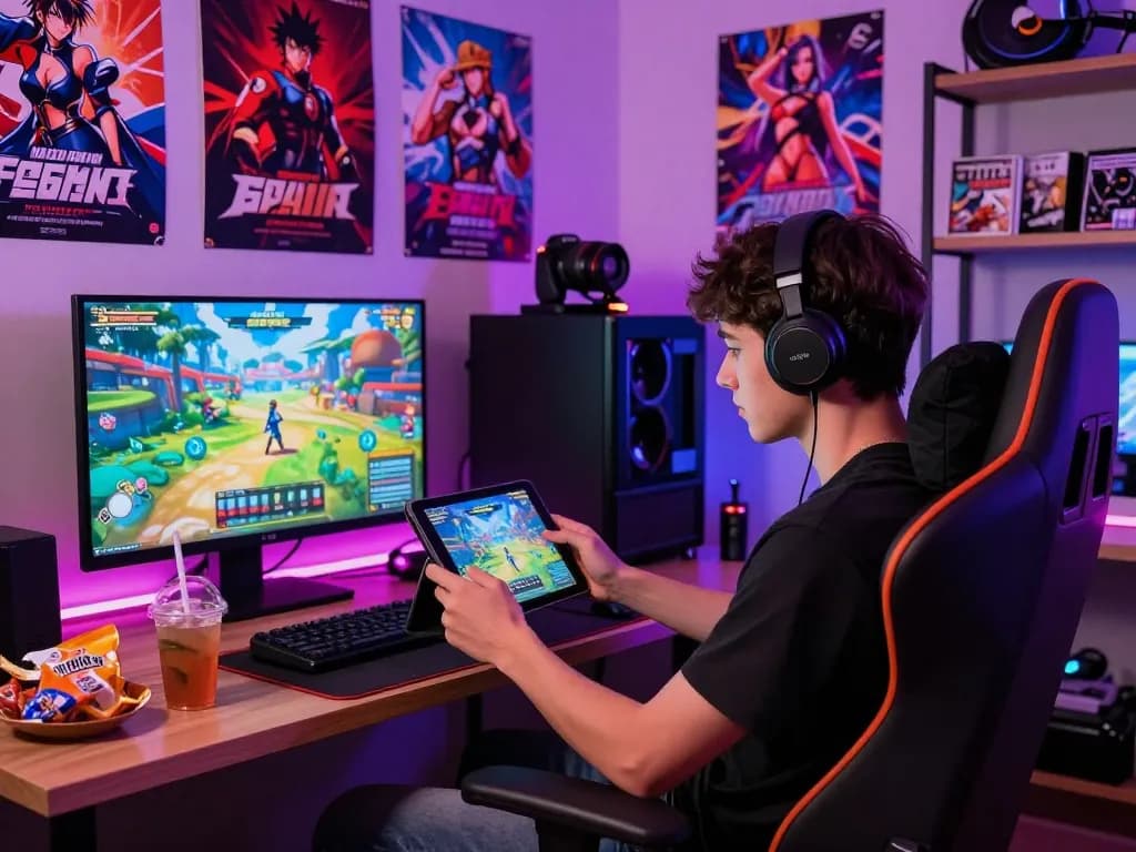A young adult enjoying Degrees of Lewdity on a tablet in a vibrant gaming space with neon lights and game memorabilia.