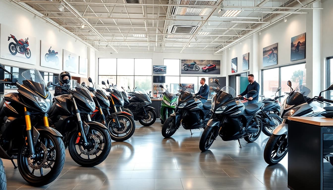 Motorradhändler präsentiert eine Auswahl an Motorrädern in einem modernen Ausstellungsraum.
