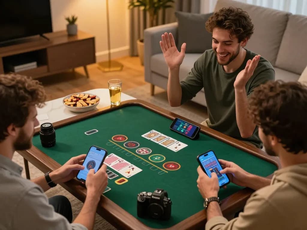 hb88 users celebrating wins while playing blackjack online in a cozy living room
