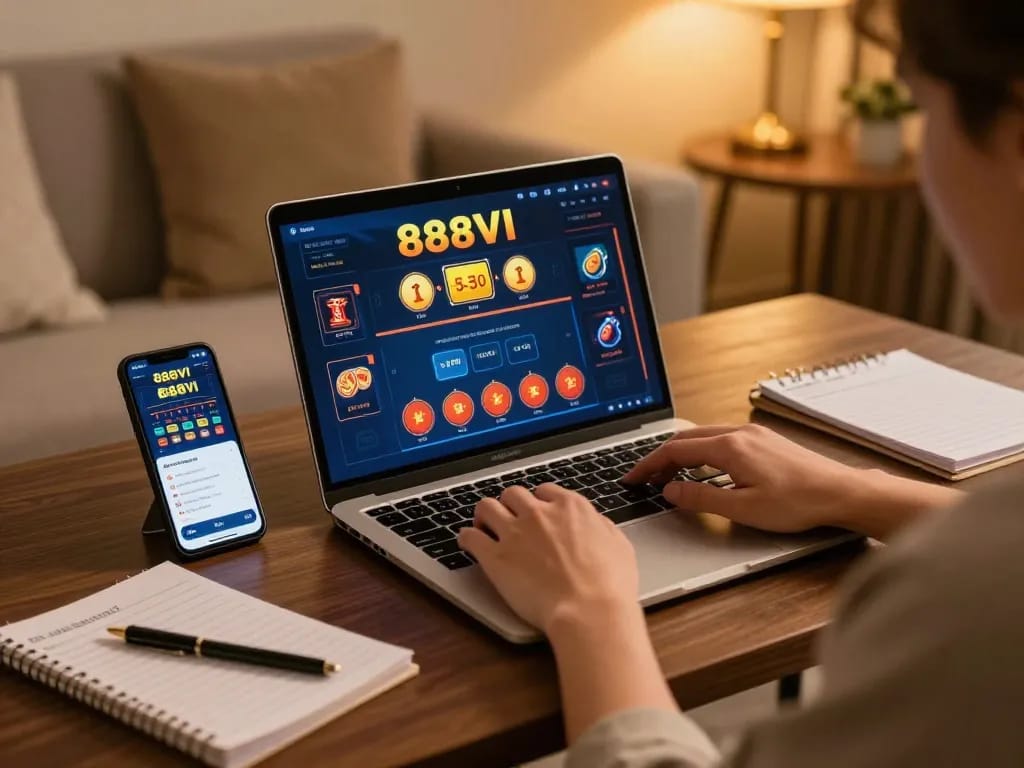 Engaging player using 888VI online casino app on laptop, emphasizing strategic gameplay.