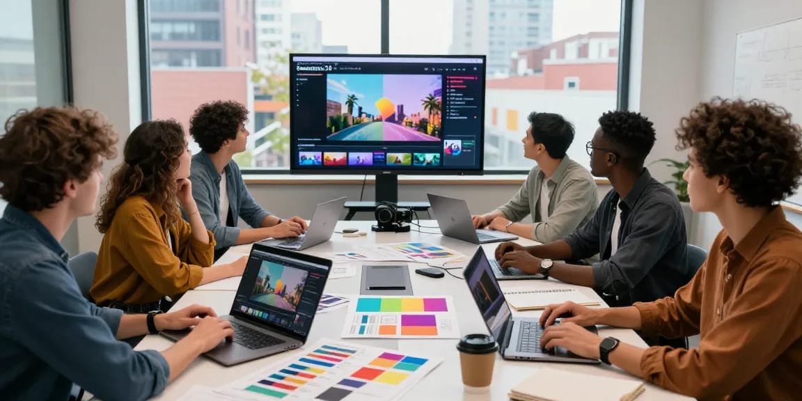 Creative team using seedance ai to produce engaging videos in a modern studio.