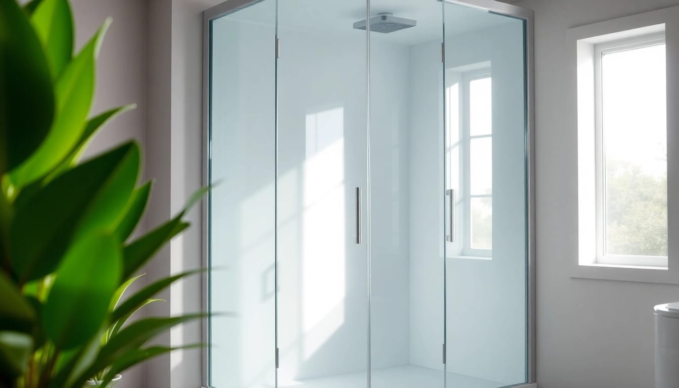 Sonni Duschkabine in einem modernen Badezimmer mit eleganten Glasdetails und natürlichem Licht.