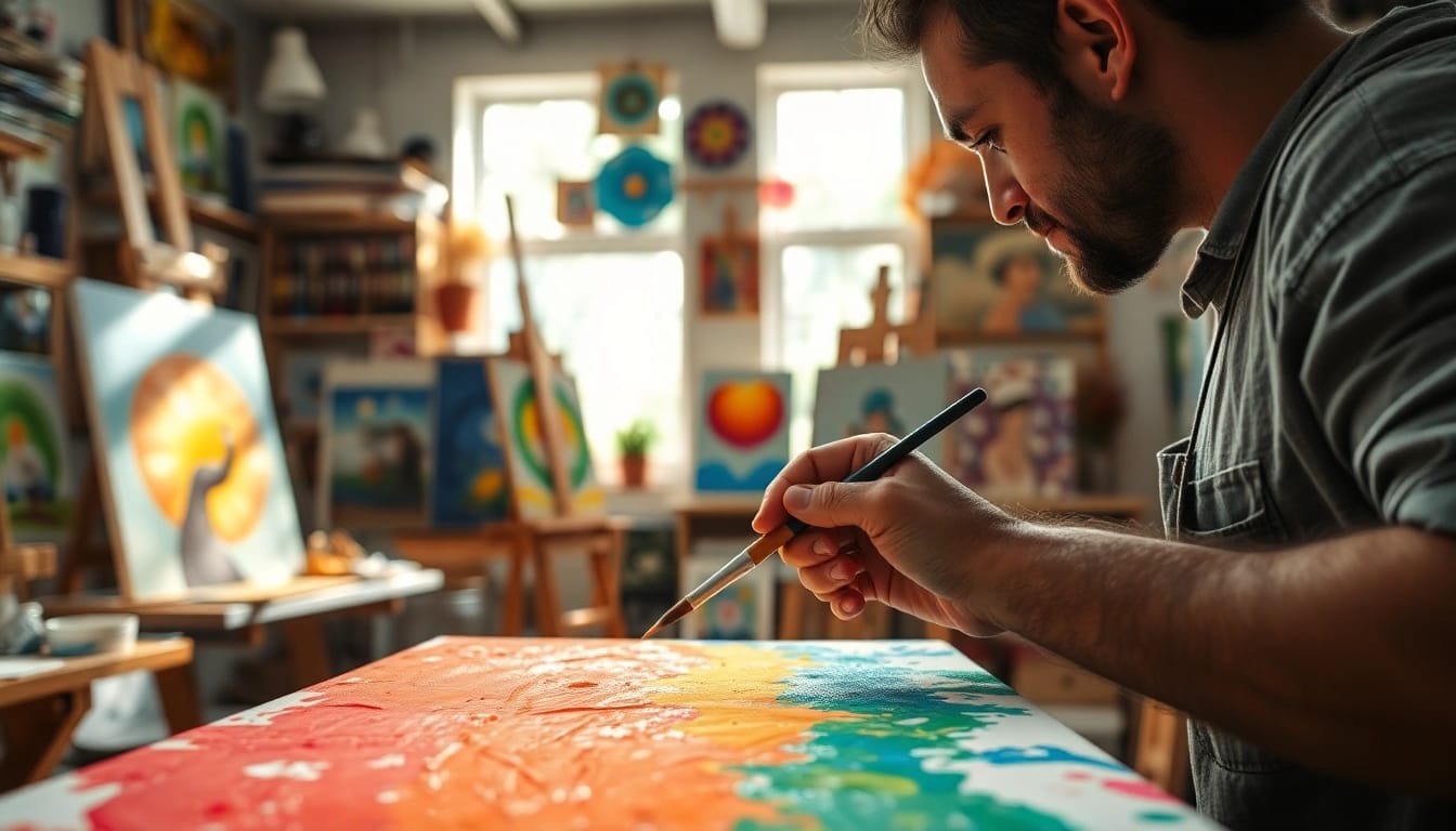 Inspiring painting apprenticeship scene with an artist in action, creating vibrant art in a well-lit workshop.