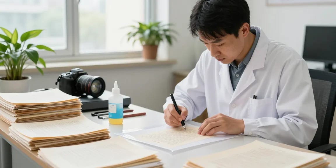 Bóc giấy ép plastic trong dịch vụ phục hồi tài liệu chuyên nghiệp, trình diễn một kỹ thuật viên đang gỡ lớp laminate plastic bằng các công cụ chính xác.
