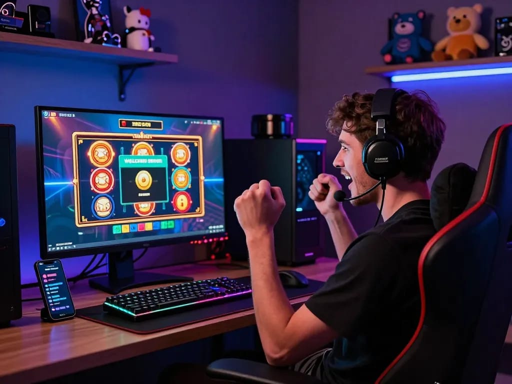 A player experiencing excitement during a Winstrike69 slot game victory, showcasing vibrant gaming setup.
