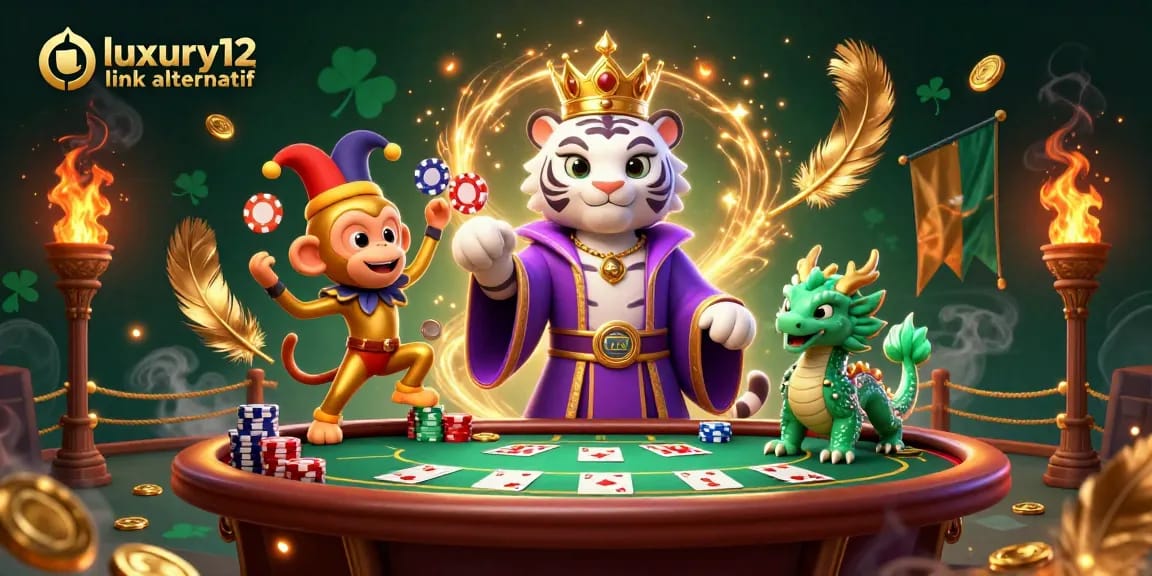 Engage with luxury12 link alternatif in this vibrant poker scene, showcasing lively characters and rich casino elements.