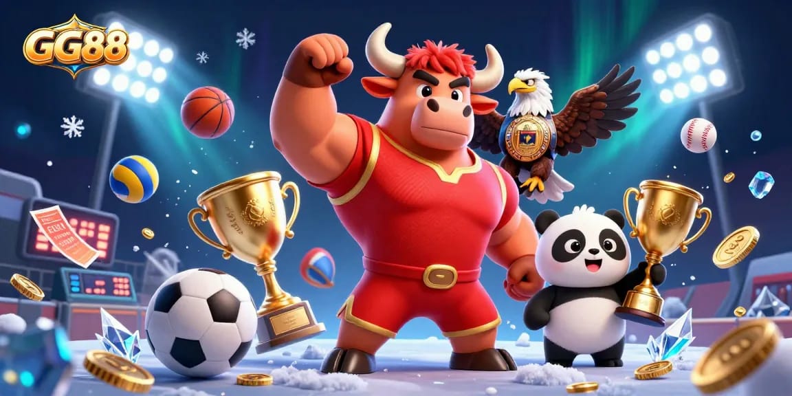 Experience the excitement at GG88 with a dynamic scene featuring a bull mascot, eagle, and panda celebrating with vibrant gaming elements.