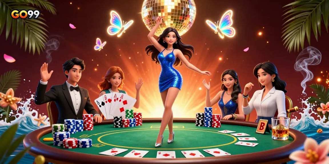 Experience the vibrant world of GO99 as a glamorous woman dances among colorful poker elements and neon butterflies.