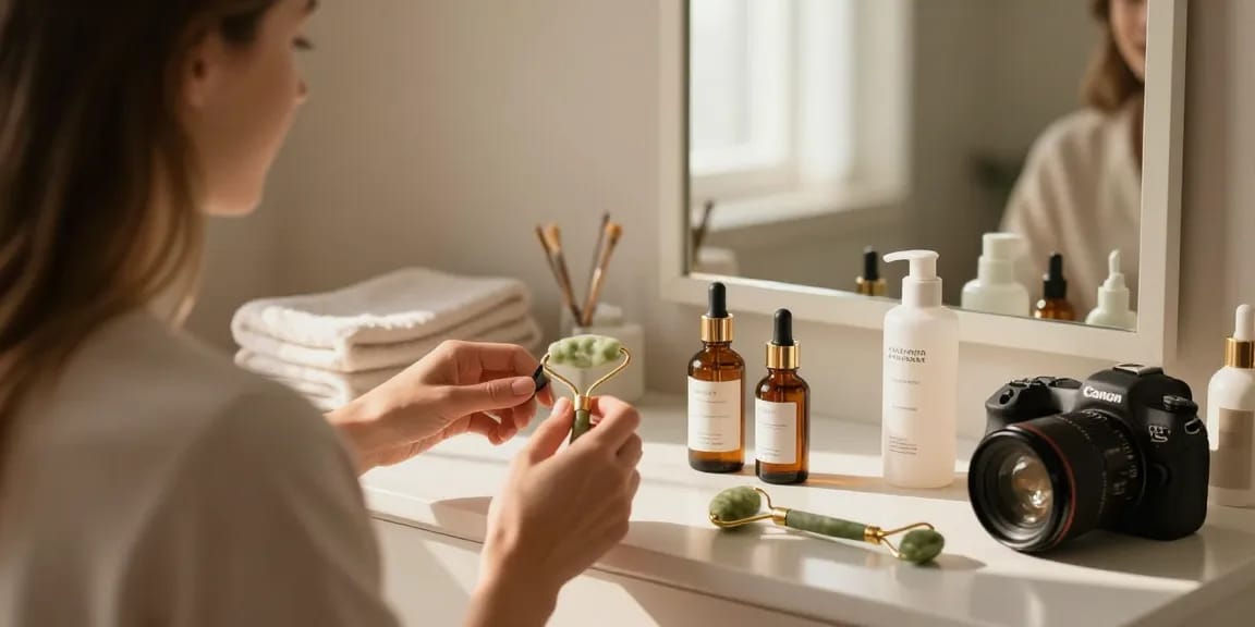Într-un cadru liniștit, o femeie se bucură de rutina sa de îngrijire a pielii, cu diverse produse de beauty expuse.