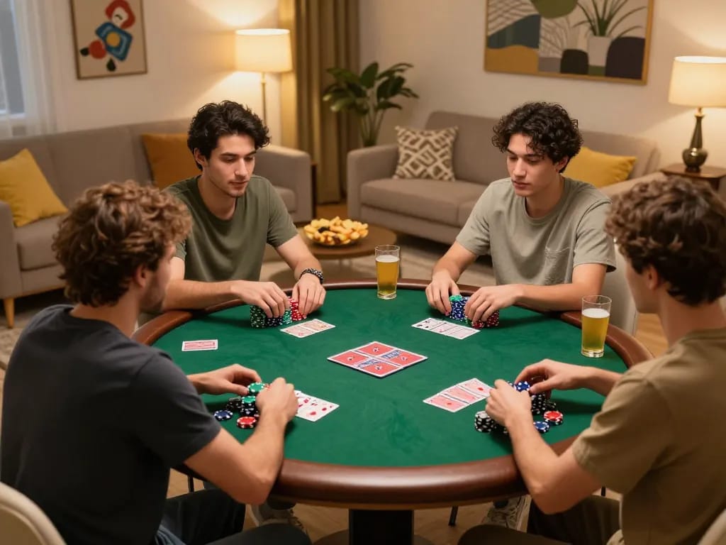 Players enjoy poker night at home, showcasing dn88 gaming experience surrounded by chips and cards.