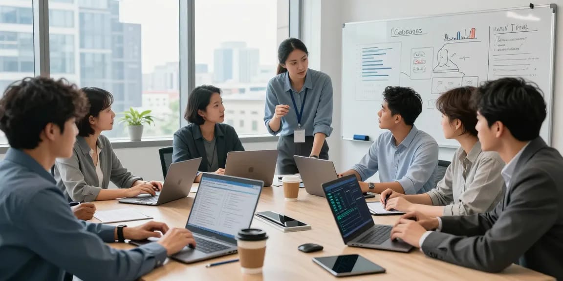 IT support for businesses team collaborating in a modern office during a productive meeting.