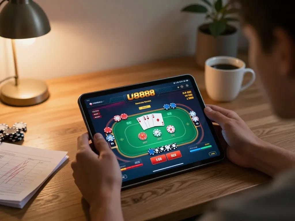 Player interacting with the U888 app for an engaging online gambling experience on tablet.