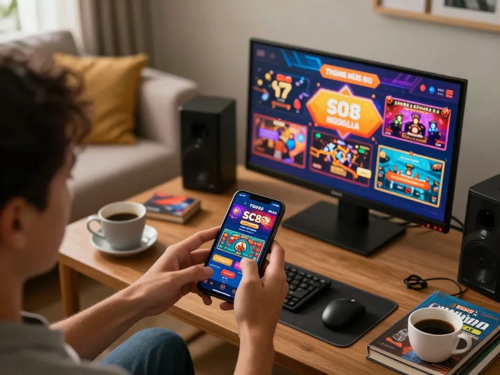 Engaged in mobile gaming with Thương Hiệu SC88's casino app showcasing vibrant gameplay options.