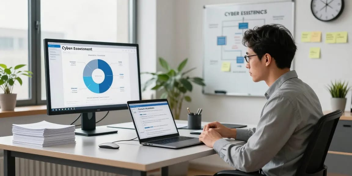 Consultant demonstrating how to get cyber essentials certified in a modern office setup.