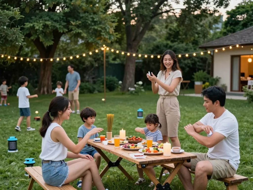 Family applying mosquito repellent while enjoying a summer barbecue outdoors.