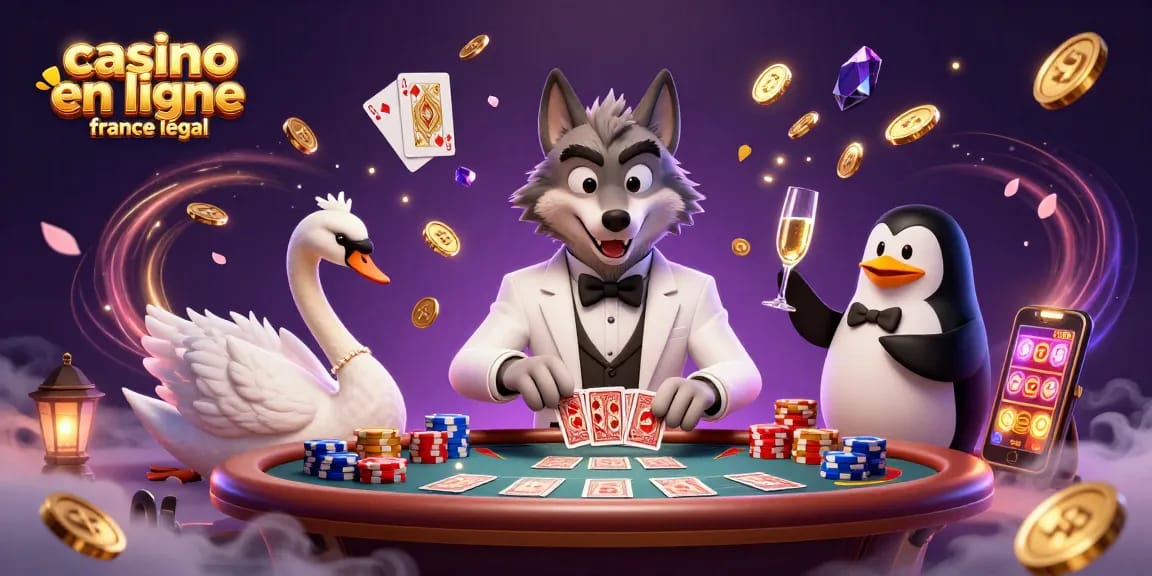 Jouer aux jeux au casino en ligne France légal avec des personnages animés, cartes et pièces d'or en vol.