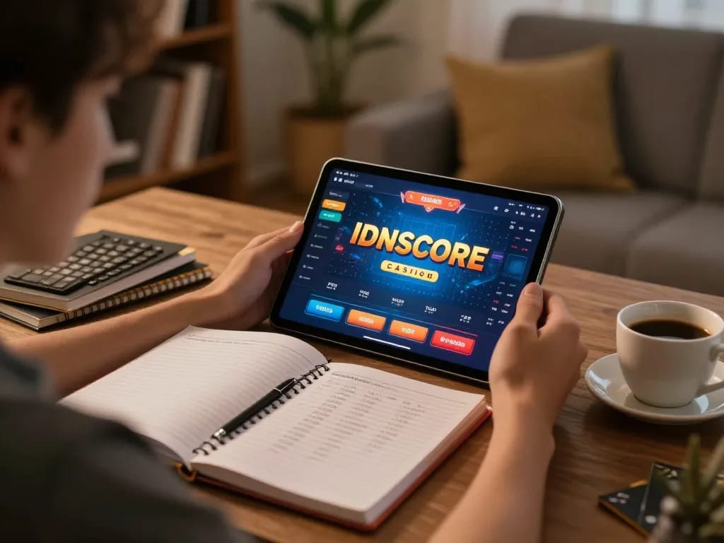 IDNSCORE online gaming setup with player focused on tablet and strategic notes.