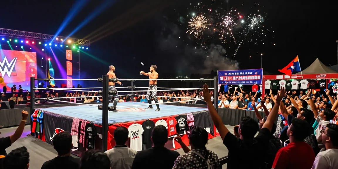 WWE Saudi Arabia event with fans cheering and wrestlers performing in a vibrant stadium setting.