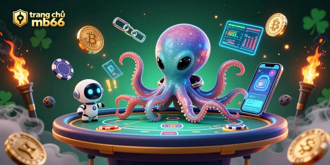 Experience thrilling gameplay at trang chủ mb66 with an alien octopus dealing cards on a holographic poker table.