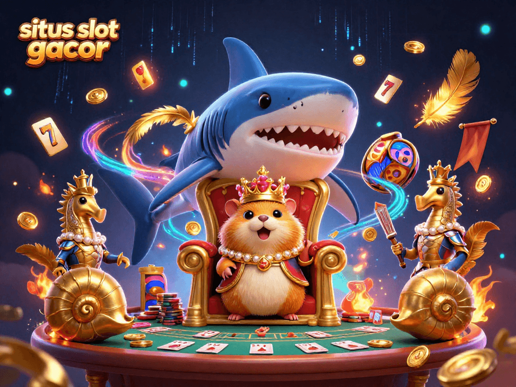 Embrace big wins with situs slot gacor, featuring a fierce golden hamster king and epic slot elements.