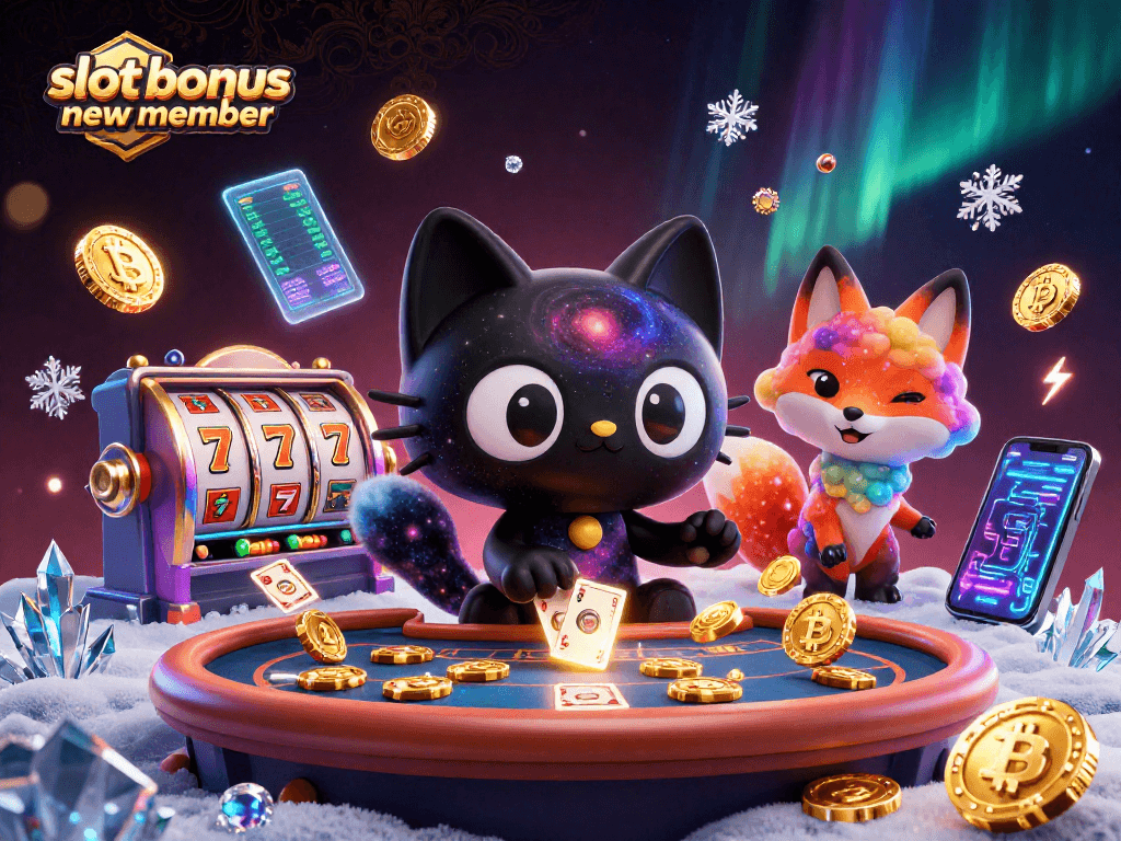 Engage with slot bonus new member offers in this vibrant cosmic casino scene featuring a captivating black hole cat.