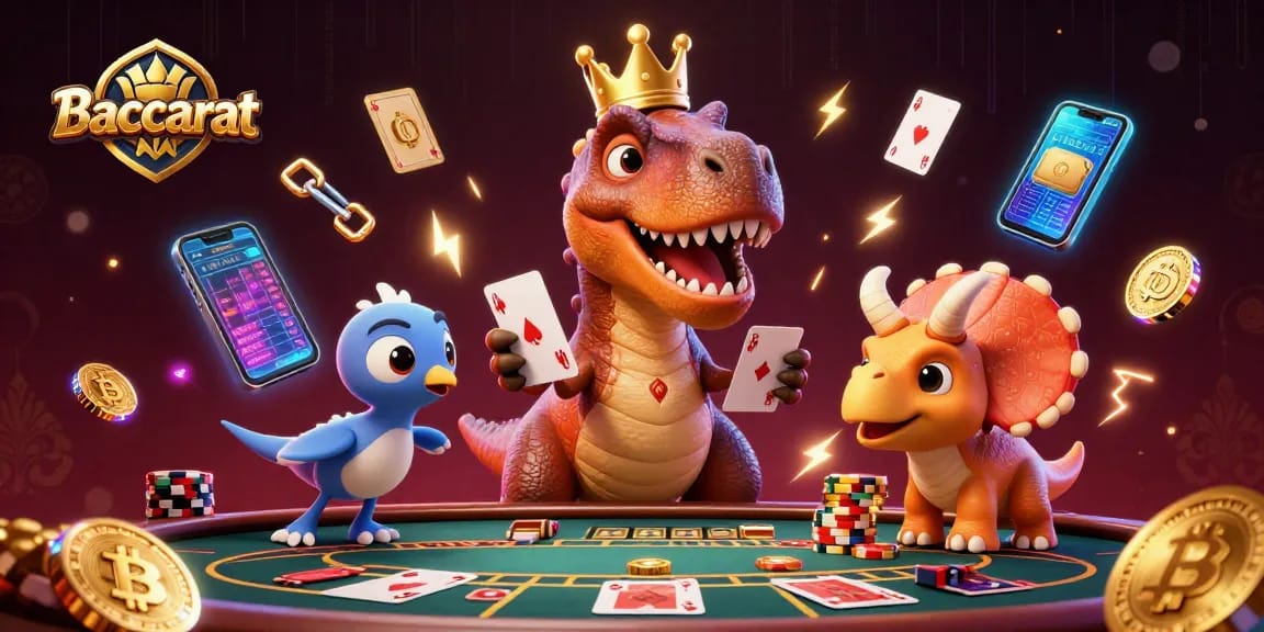 Baccarat-themed illustration of a T-Rex shuffling cards, showing excitement in a casino setting