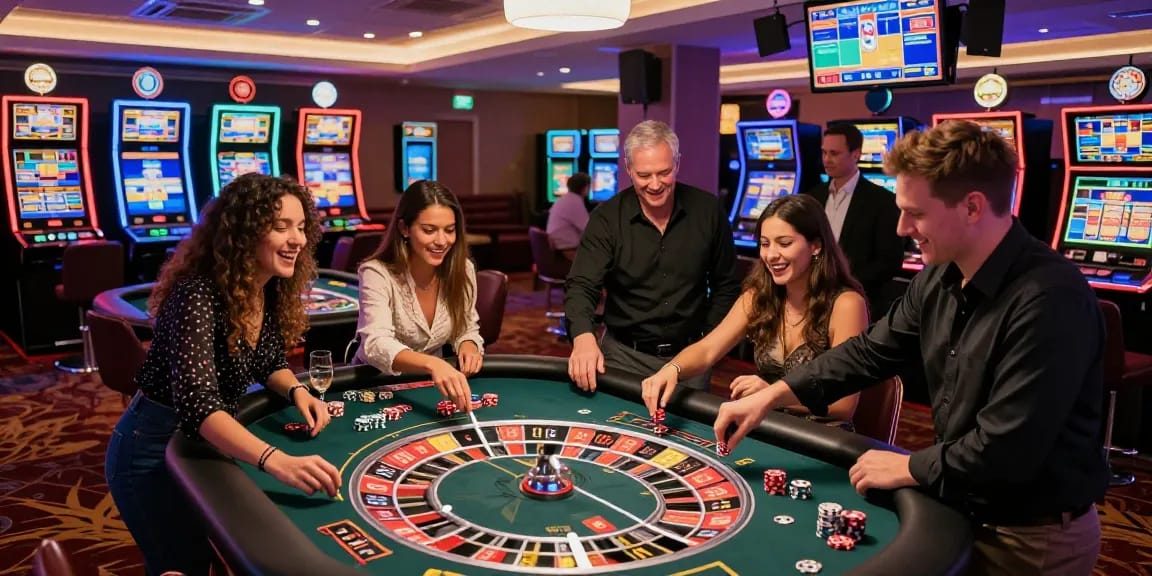 Scène de casino en ligne France légal avec des amis profitant de la roulette, atmosphère vibrante.
