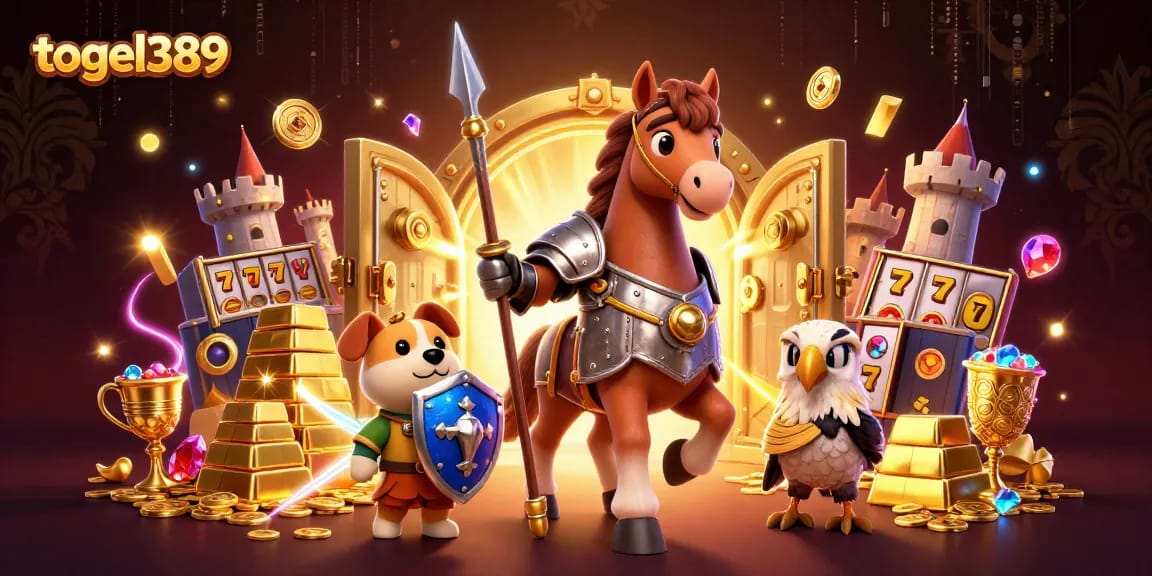 Experience jackpot excitement with togel389 in this vibrant 3D illustration showcasing a medieval knight and magical slot elements.