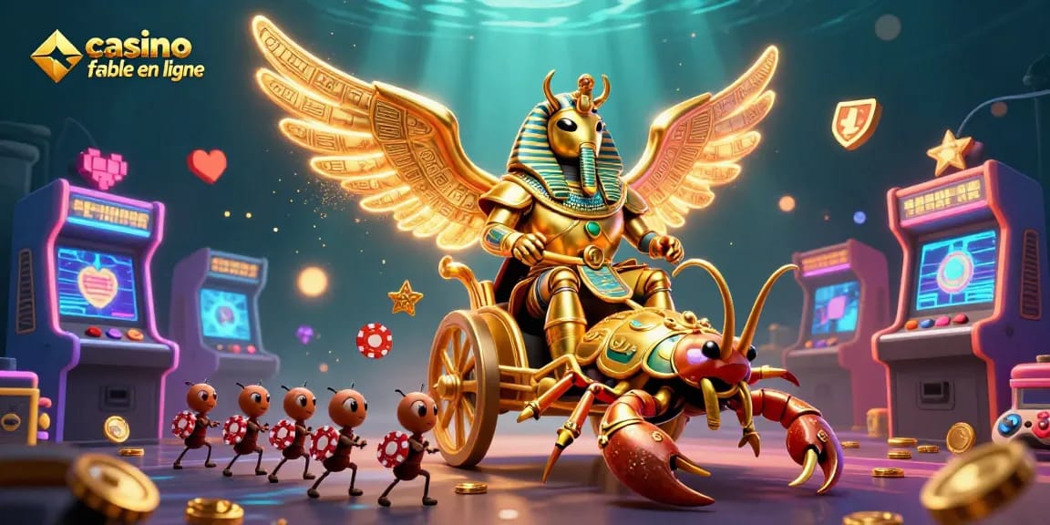 Jouez au casino fiable en ligne avec une représentation dynamique d'un scarabée en or et de décorations de jeu colorées.
