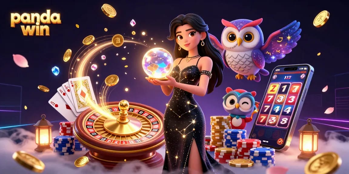 Tema kasino panda yang memukau dan menakjubkan hadir dalam ilustrasi gaya slot 3D yang cerah.