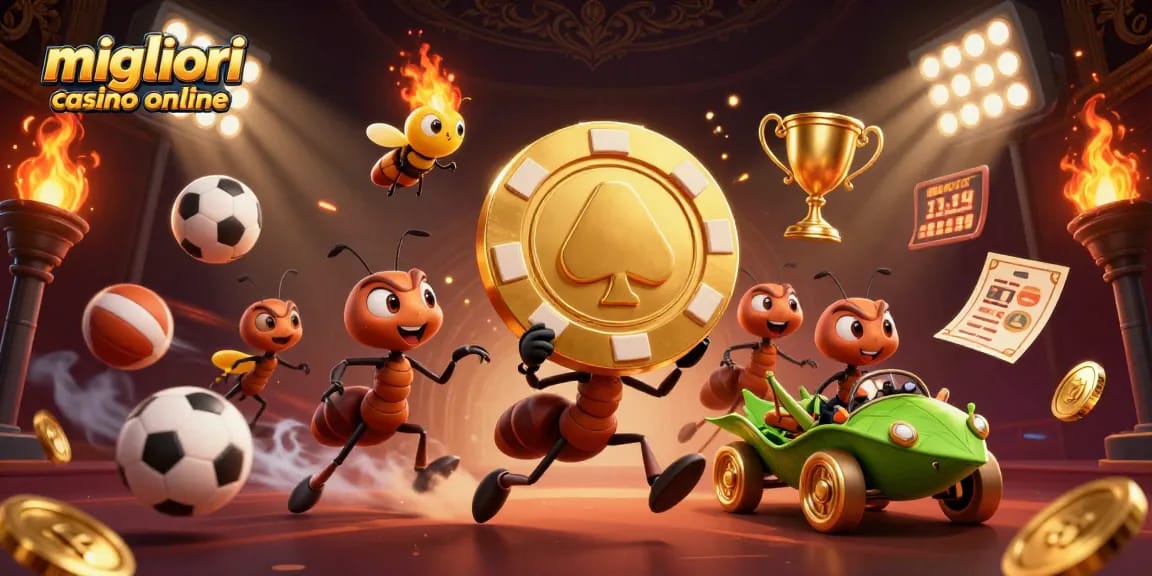 Formiche che trasportano una chip dorata in un'illustrazione vivida dei migliori casino online.
