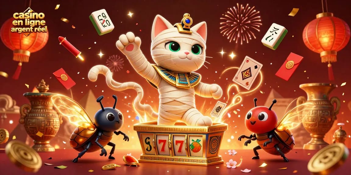 Jouez à des jeux dans un casino en ligne argent réel avec des personnages égyptiens et des éléments festifs.