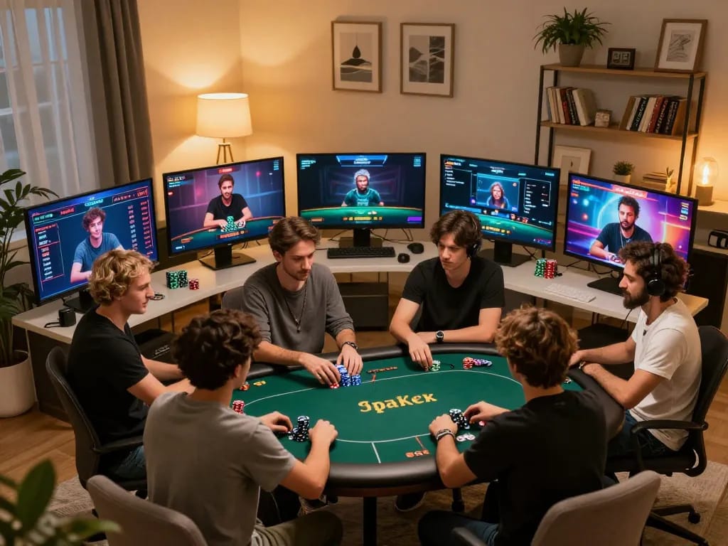 IDNSCORE players engaging in an online poker game, showcasing dynamic gameplay and home comfort.