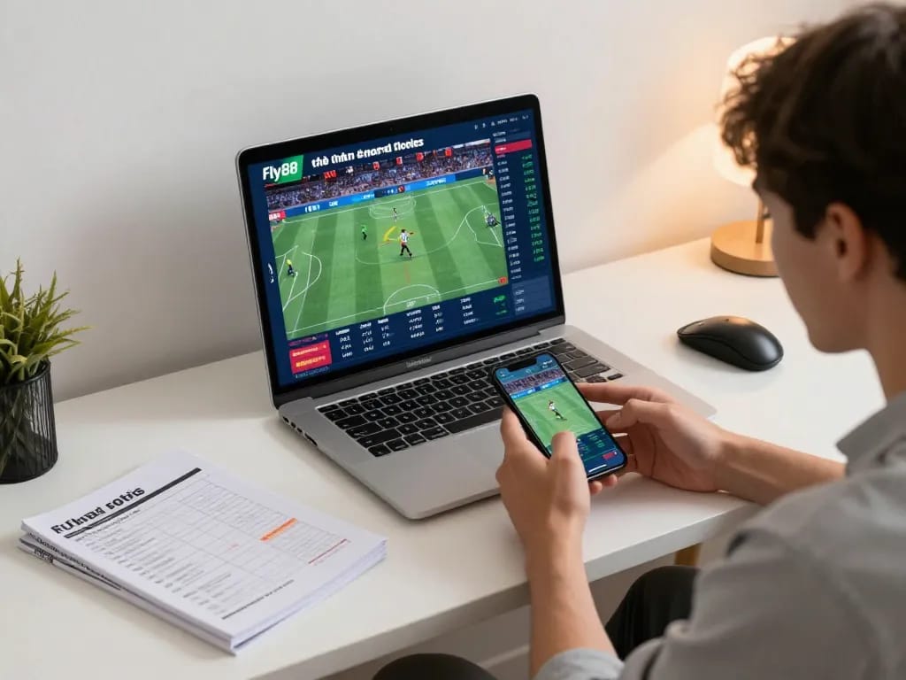 Betting excitingly on smartphone at nhà cái fly88 while viewing live sports.