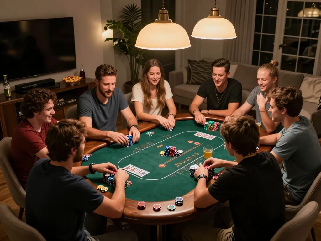 Friends enjoying a strategic poker game at home, featuring winstrike69 chips and exciting gameplay moments.