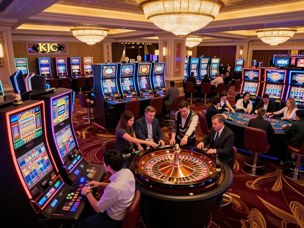 KJC casino floor buzzing with action, players engaged at vibrant slot machines and roulette tables.