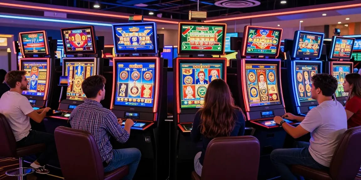 Players enjoying a lively slot game in a modern casino environment.