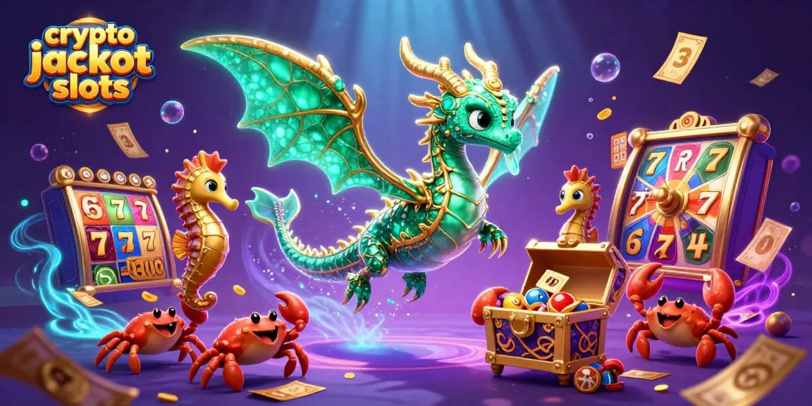 Engage with crypto jackpot slots as a vibrant sea dragon floats among colorful game elements.