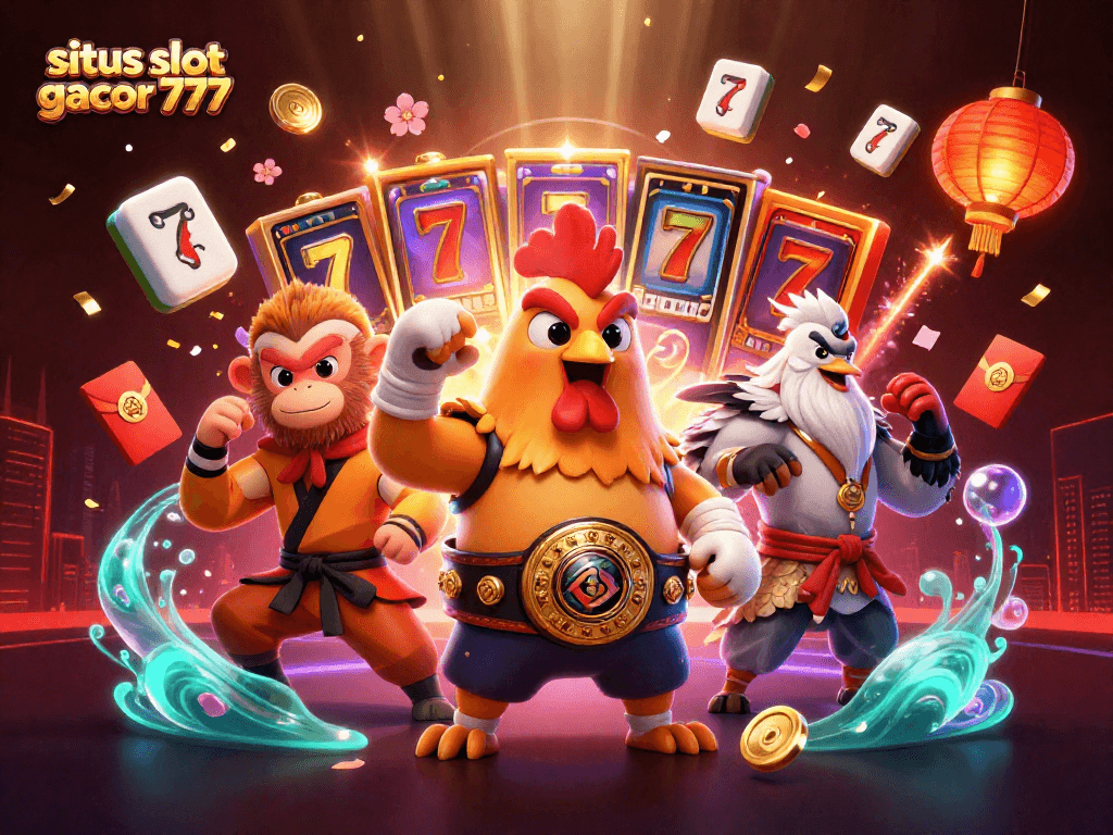Situs slot gacor 777 illustration featuring a lively scene with Muay Thai rooster and Shaolin monkey amid casino elements.