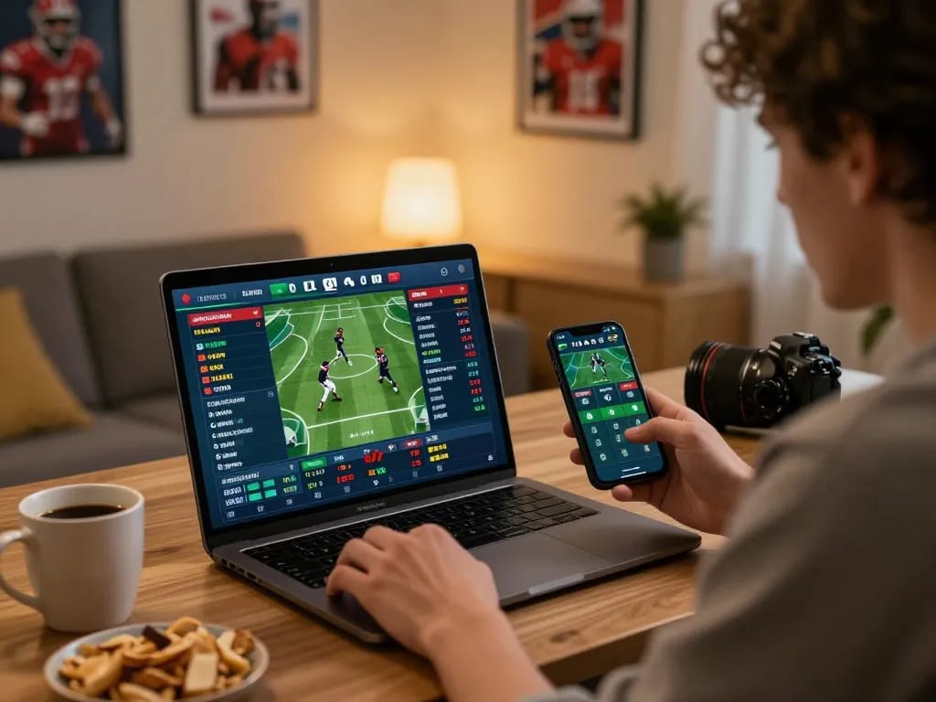Engaging in responsible sports betting on UGDEWA with live odds displayed on smartphone in cozy home office.