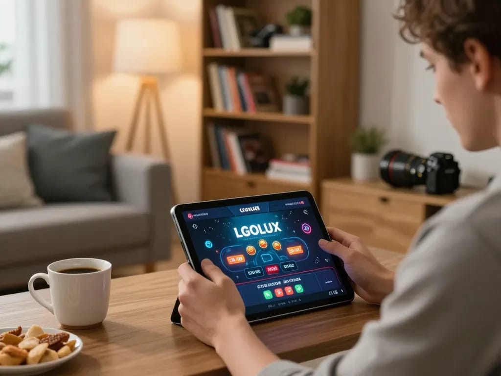 Player strategizing on the LGOLUX casino app while enjoying a cozy home atmosphere with snacks
