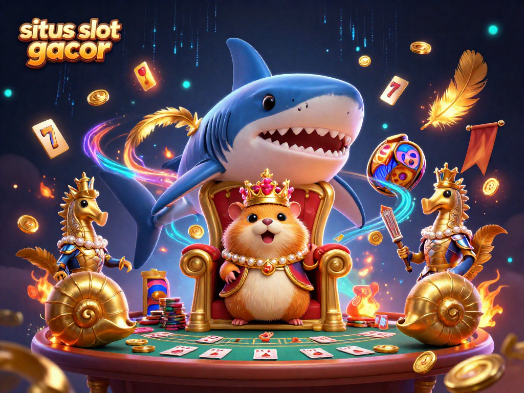 Embrace big wins with situs slot gacor, featuring a fierce golden hamster king and epic slot elements.