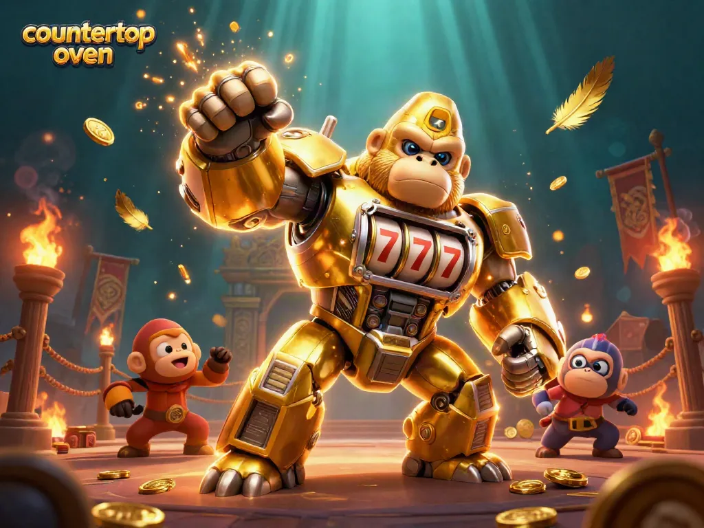 Experience excitement with a countertop oven-themed casino scene featuring a dynamic gorilla mech.
