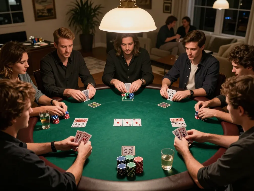 iWin poker game in action at a private home night, showcasing strategic hand plays and friendly competition.