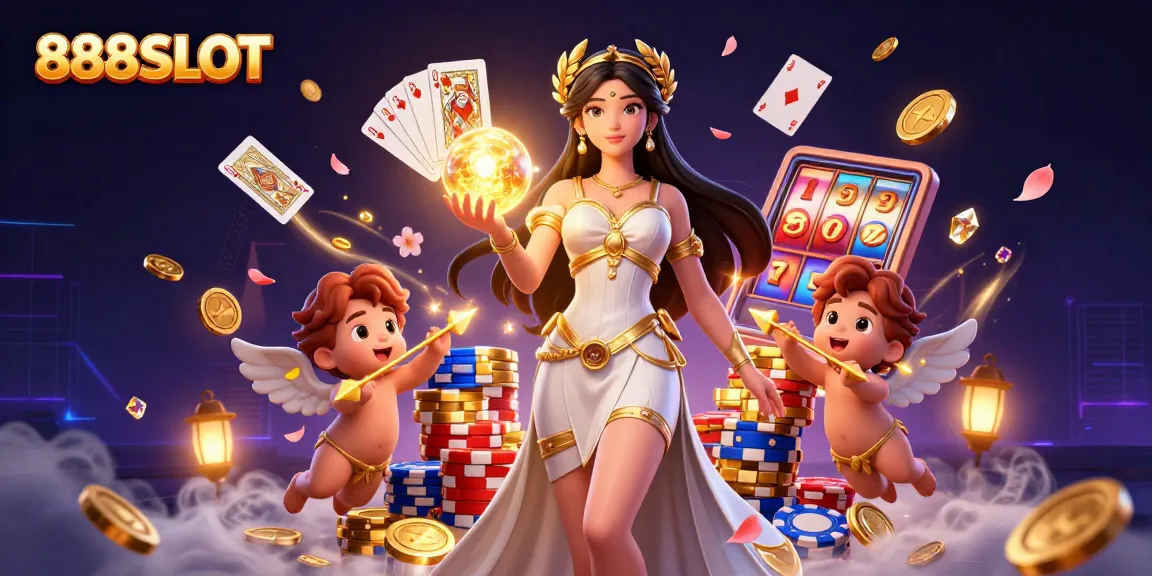 Win big with 888SLOT's dynamic golden casino scene featuring a lucky goddess.