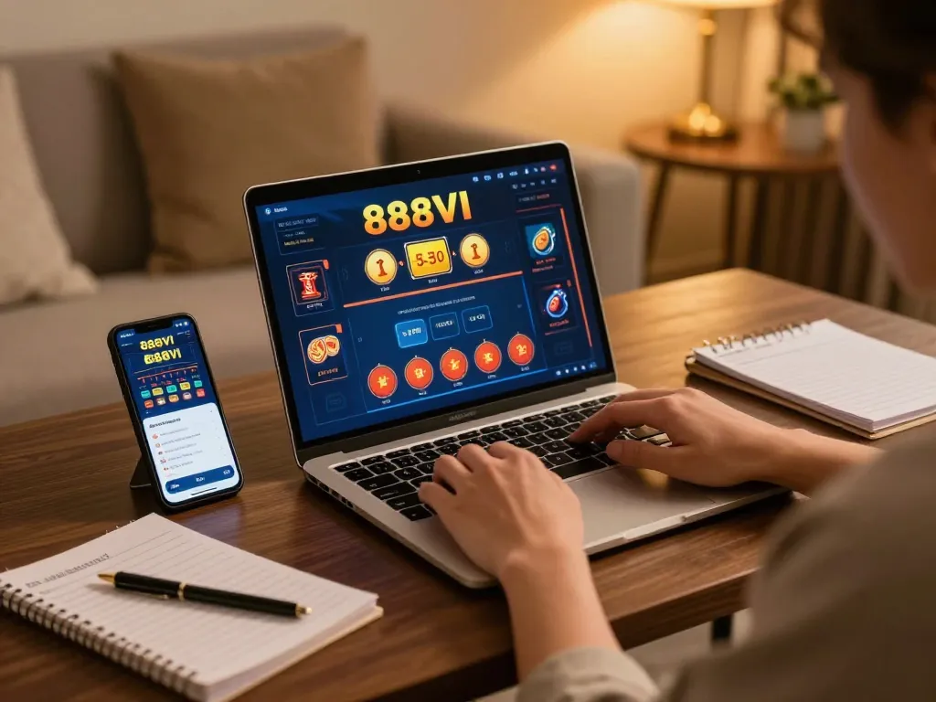 Engaging player using 888VI online casino app on laptop, emphasizing strategic gameplay.