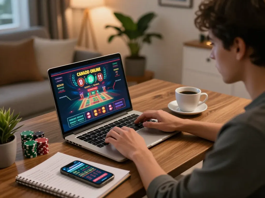 Engaging with Canada online casinos reddit during a focused online gaming session at home.